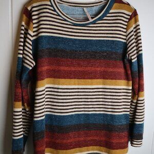 Womens My Story Medium Bright Striped Top Elbow Patch Shirt Blue Brown Fall